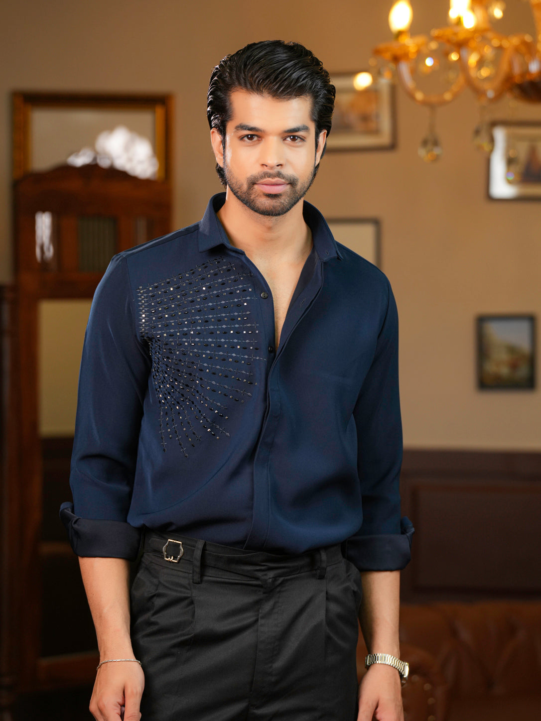 Geometric Navy Embroidery Men's Shirt For Cocktail