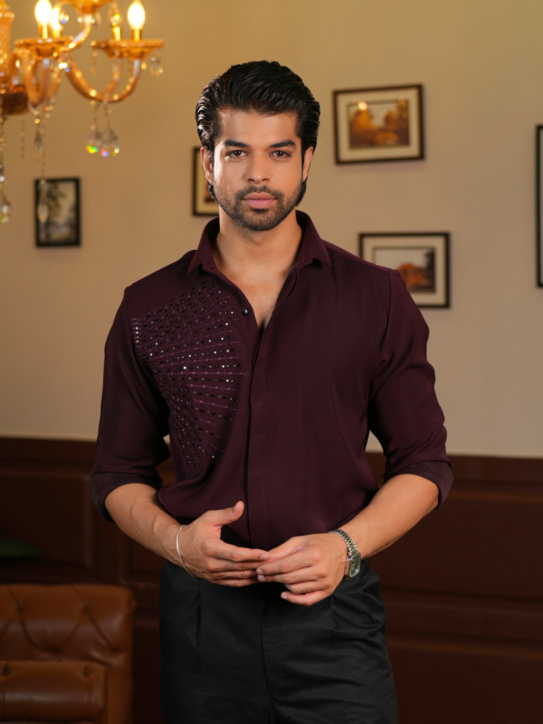 Geometric Wine Embroidery Men's Shirt For Cocktail