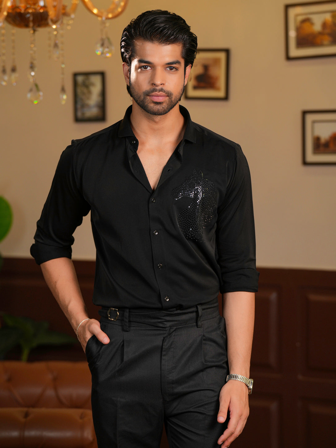 Black Horse Motif Party Wear Shirt