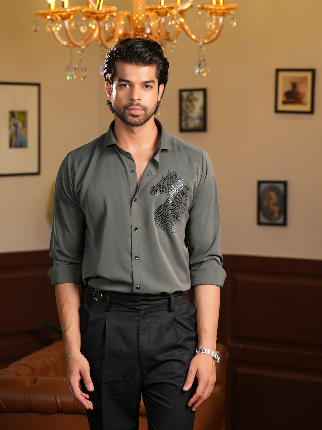 Olive Green Horse Motif Party Wear Shirt