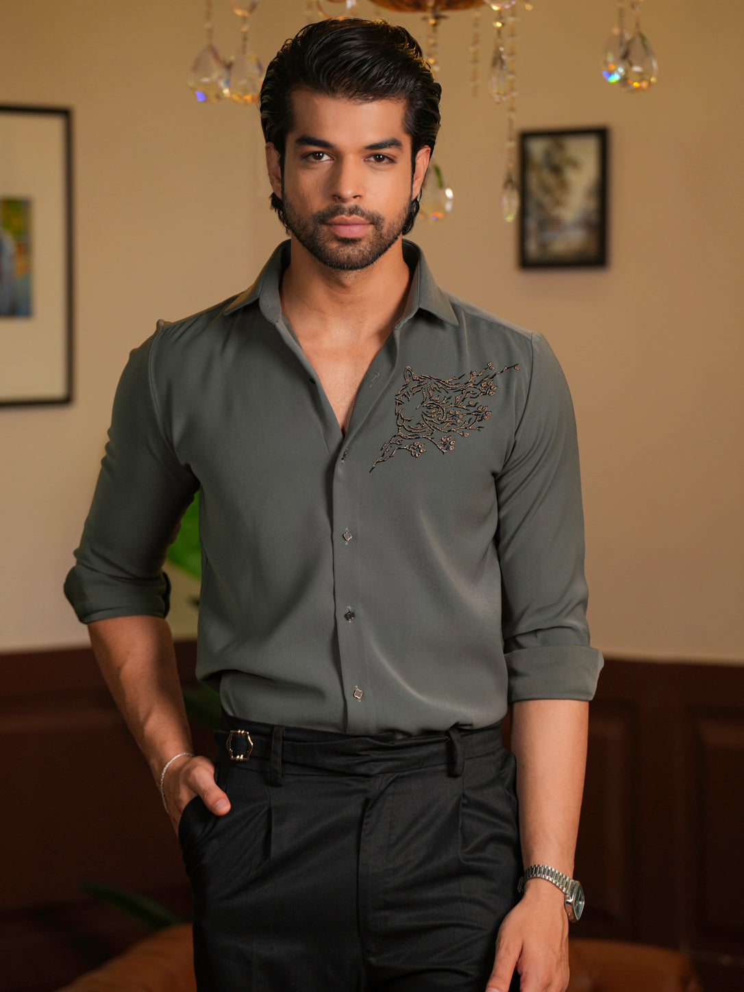 Tiger Crest Grey Work Designer Shirt