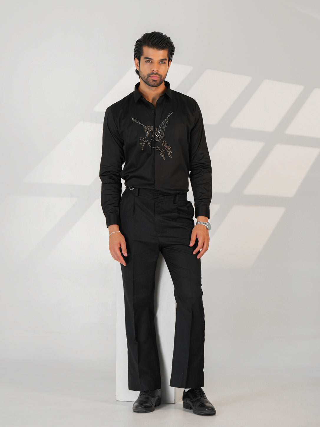 Midnight Horse Embellished Black Premium Formal Shirt