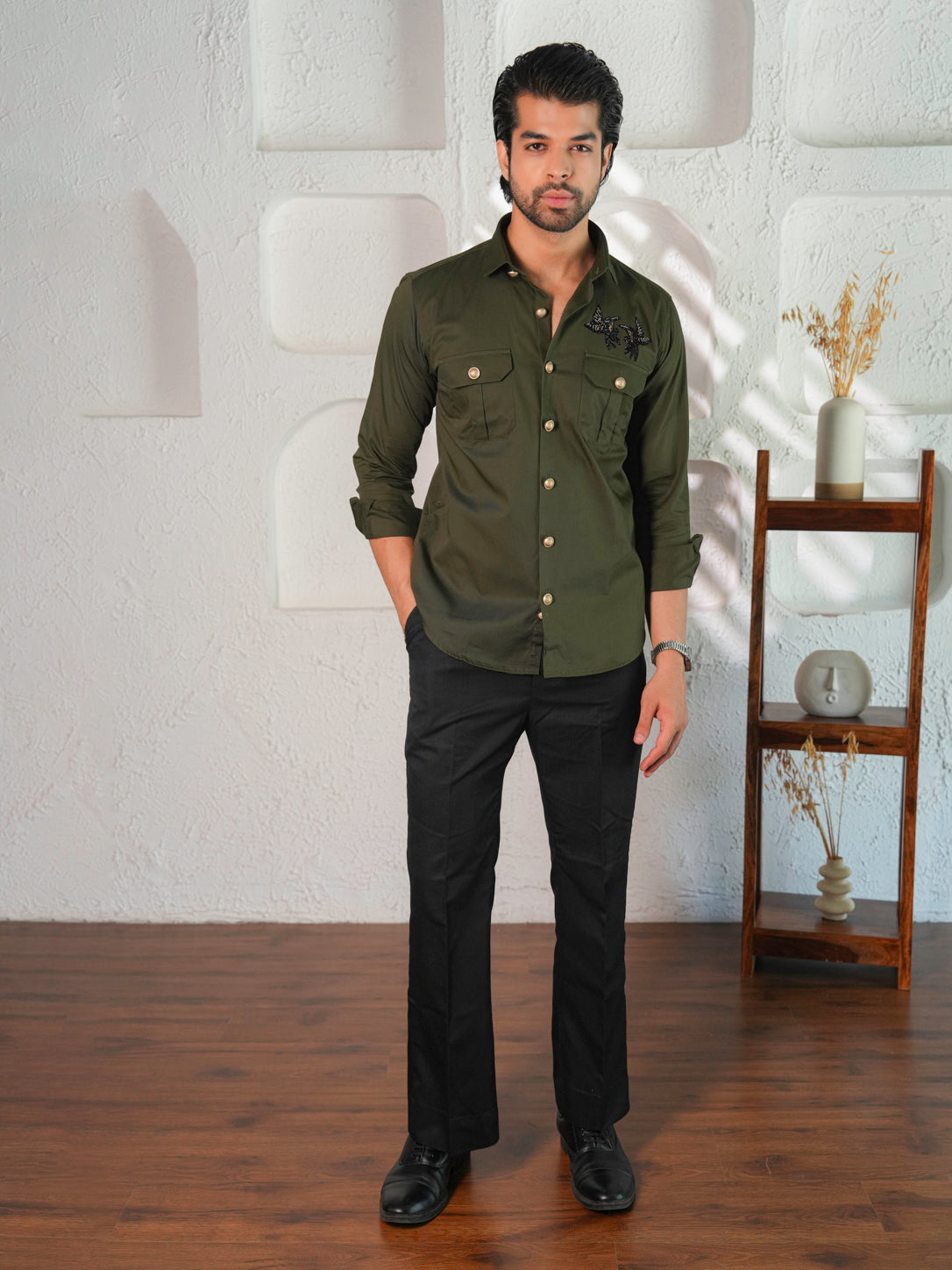Striking Olive Green Butterfly Statement Shirt