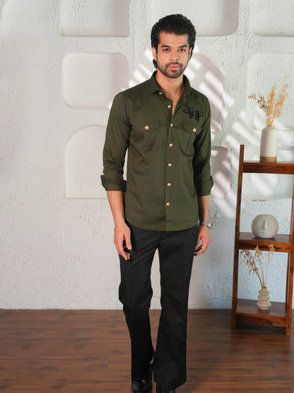 Striking Olive Green Butterfly Statement Shirt