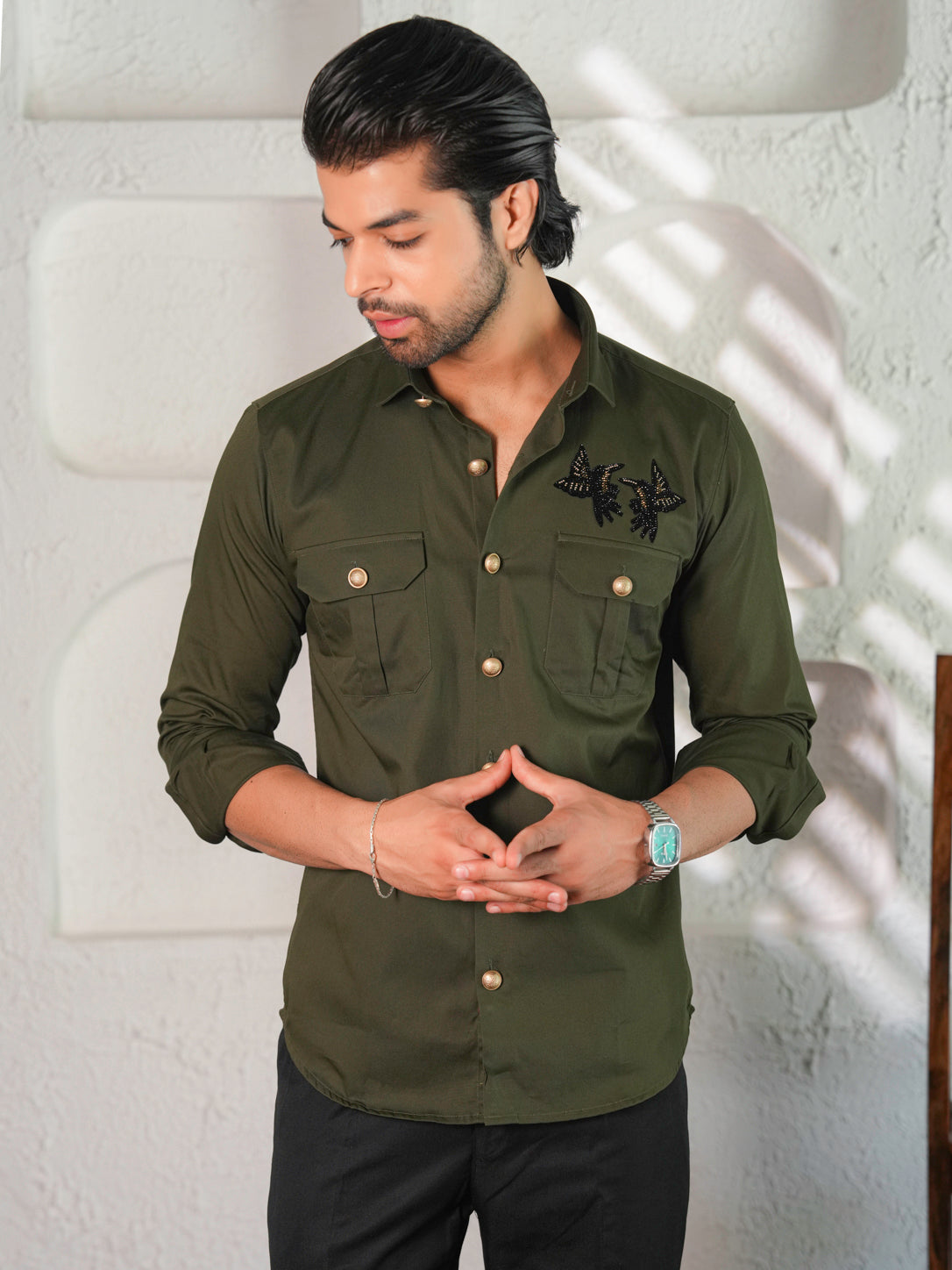 Striking Olive Green Butterfly Statement Shirt