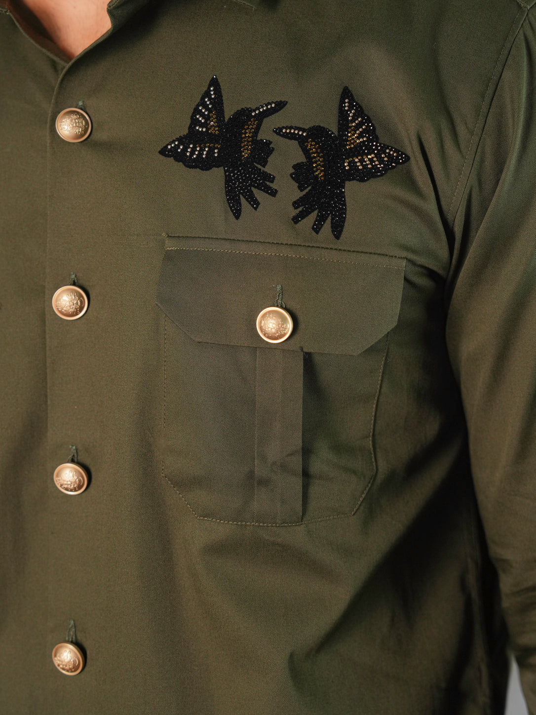 Striking Olive Green Butterfly Statement Shirt