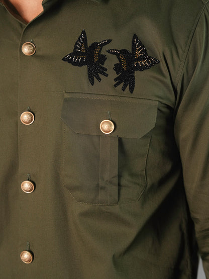 Striking Olive Green Butterfly Statement Shirt