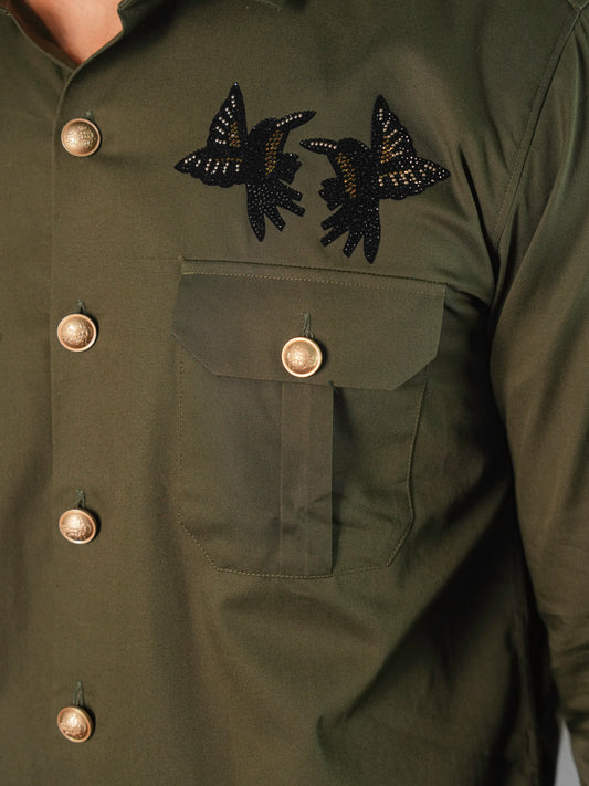 Striking Olive Green Butterfly Statement Shirt