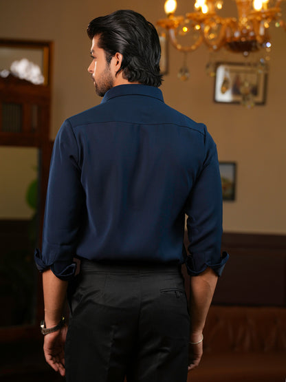 Geometric Navy Embroidery Men's Shirt For Cocktail