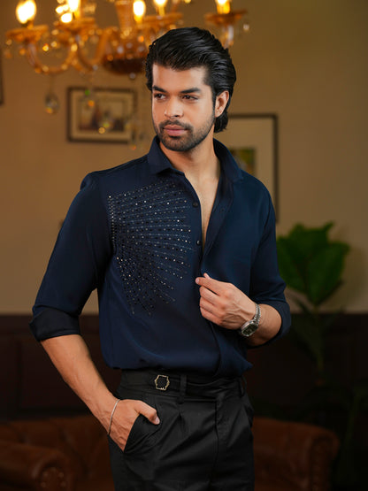 Geometric Navy Embroidery Men's Shirt For Cocktail