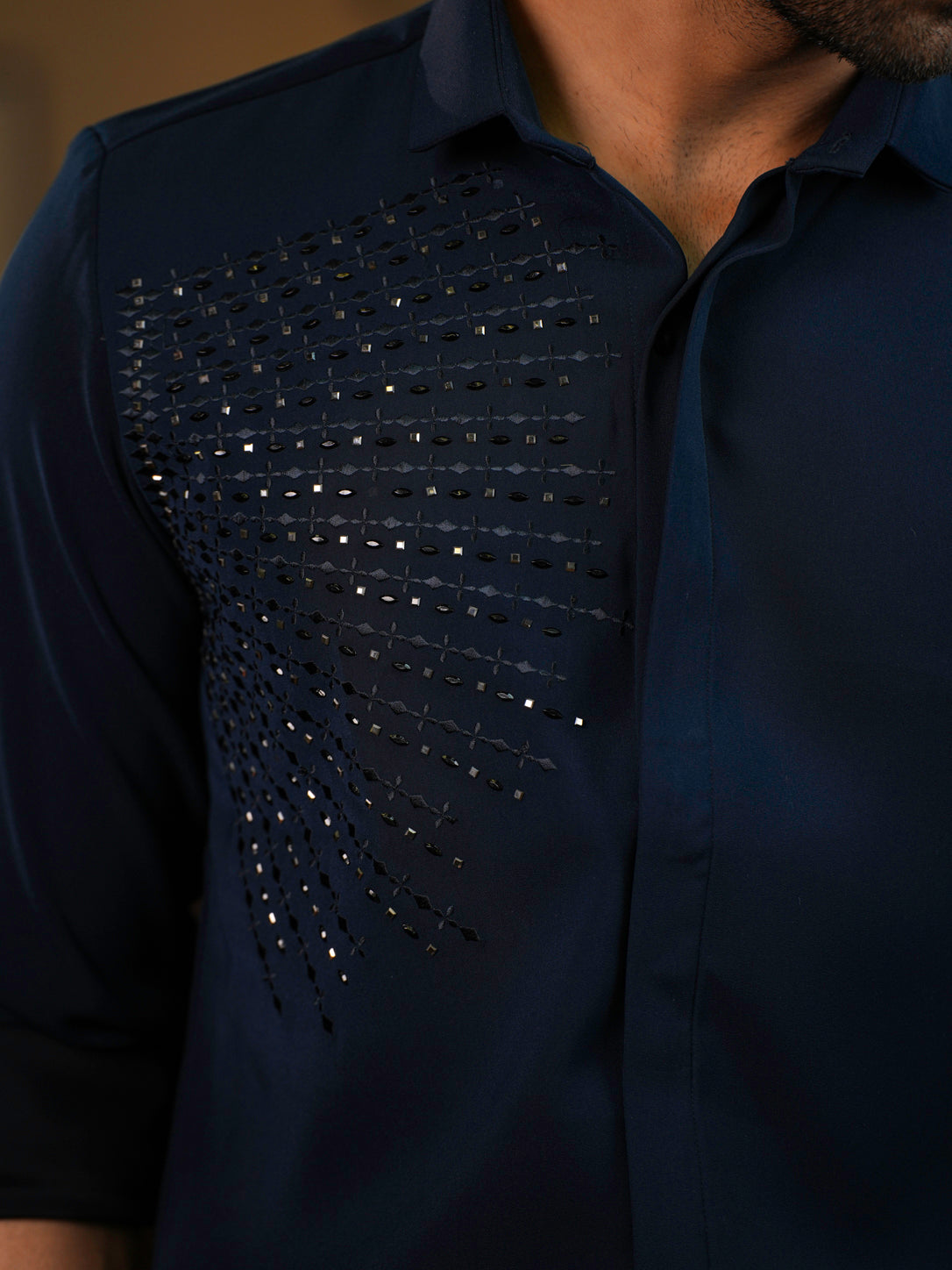 Geometric Navy Embroidery Men's Shirt For Cocktail