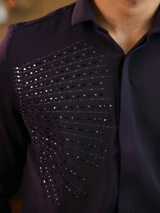 Geomatric Embroidery Men's Shirt For Cocktail