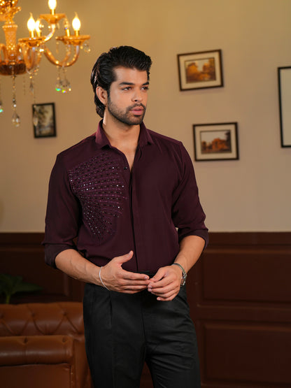 Geometric Wine Embroidery Men's Shirt For Cocktail