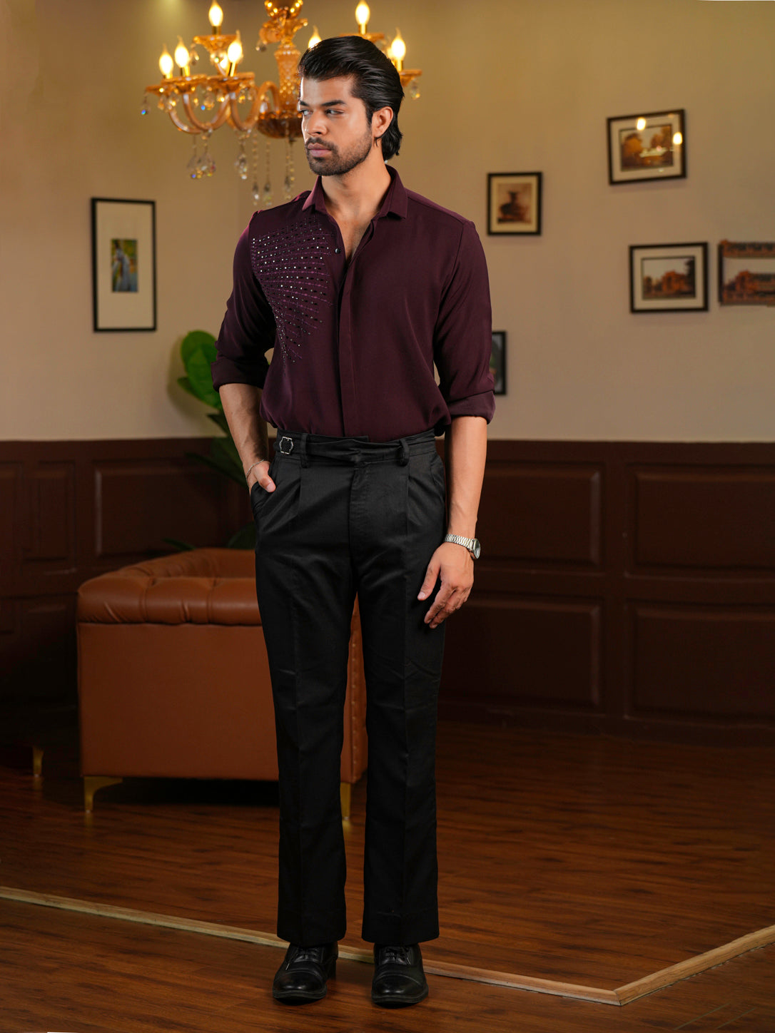 Geometric Wine Embroidery Men's Shirt For Cocktail