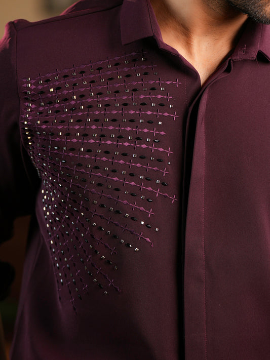 Geometric Wine Embroidery Men's Shirt For Cocktail