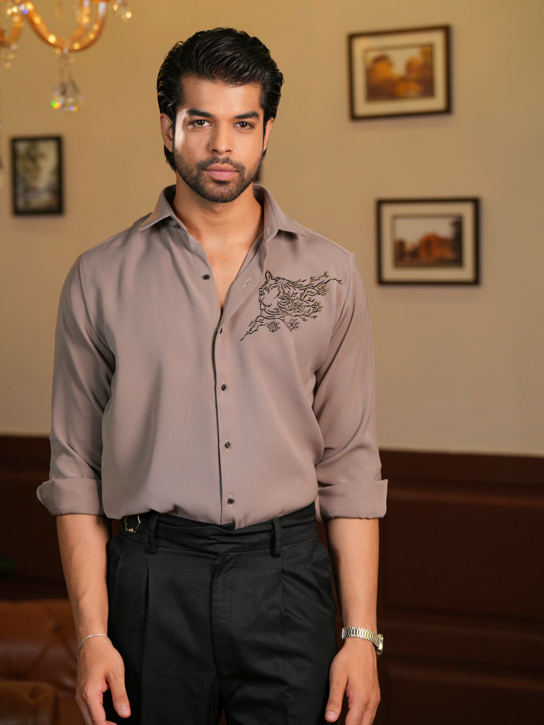 Tiger Crest Pearl Work Designer Shirt