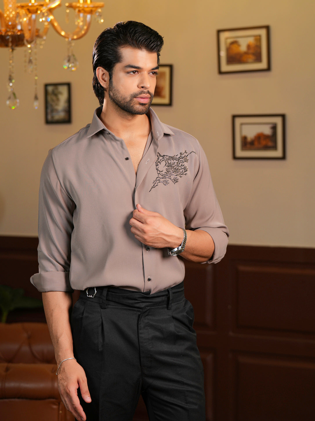 Tiger Crest Pearl Work Designer Shirt