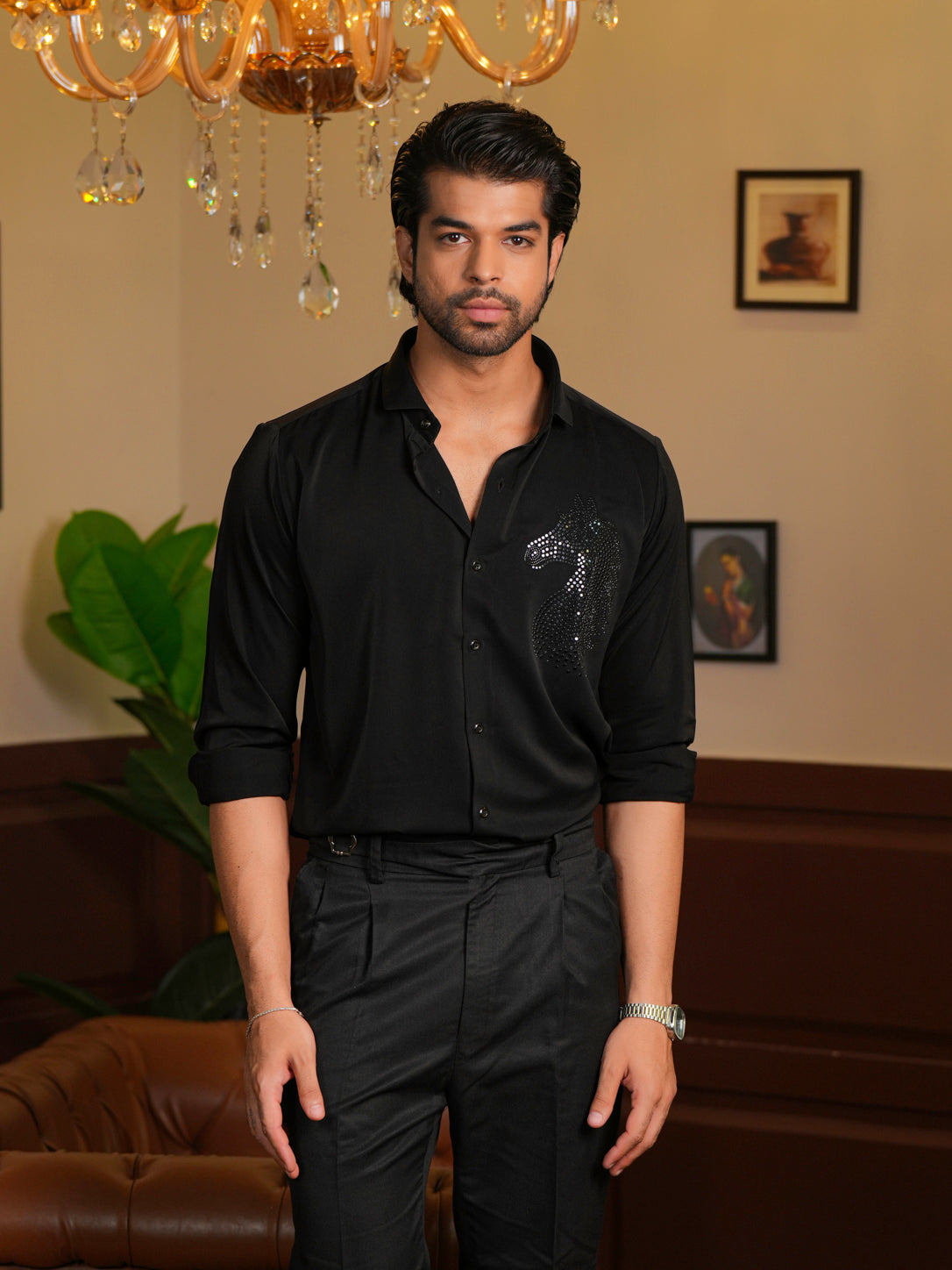 Black Horse Motif Party Wear Shirt