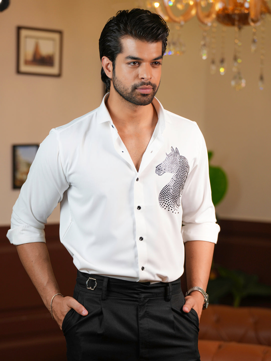 White Horse Motif Party Wear Shirt