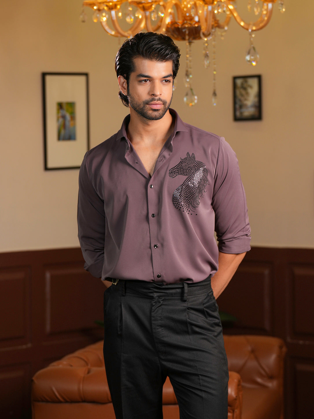 Mauve Horse Motif Party Wear Shirt