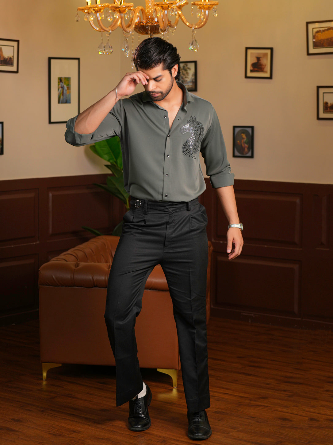Olive Green Horse Motif Party Wear Shirt