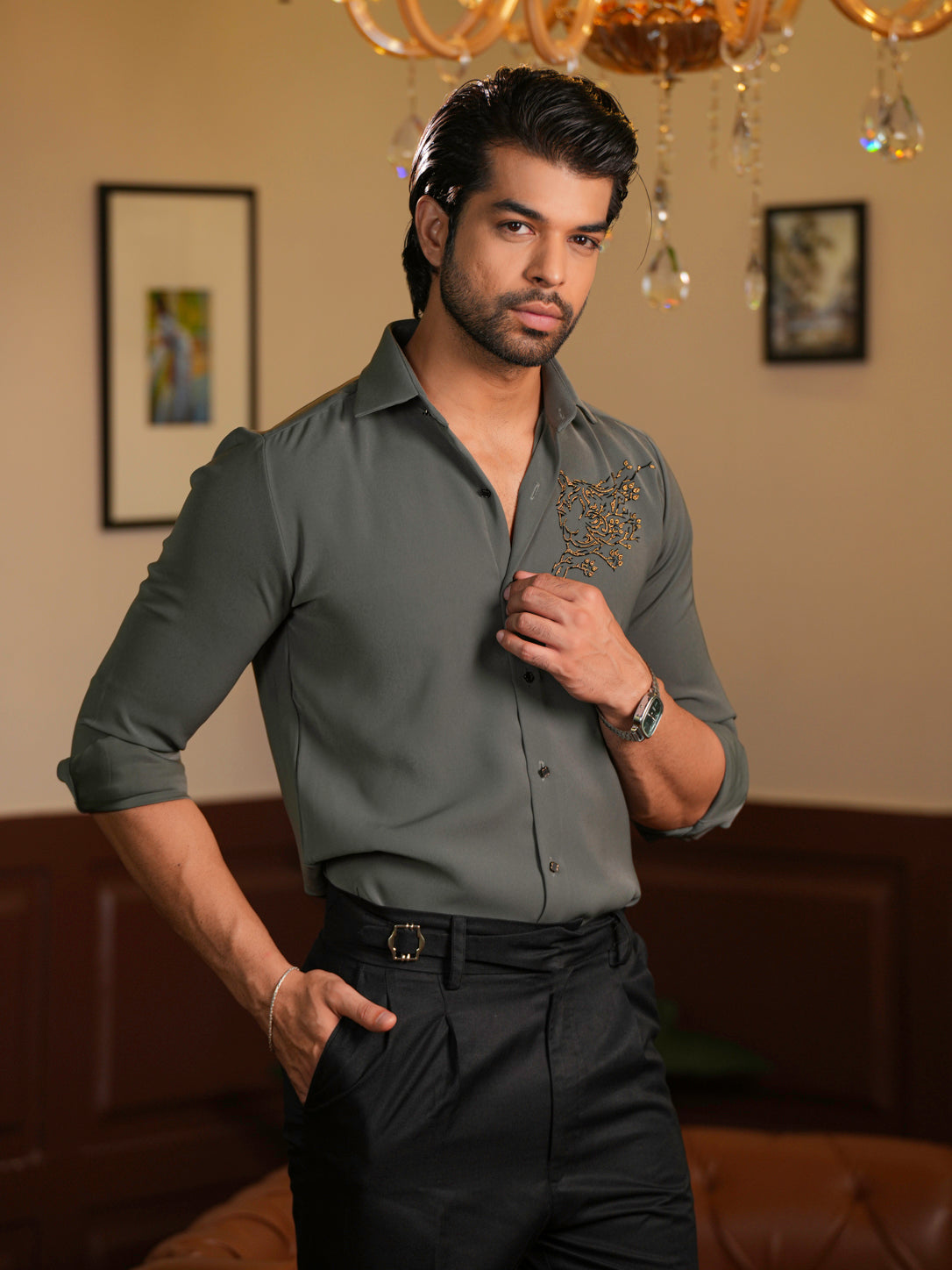 Tiger Crest Grey Work Designer Shirt