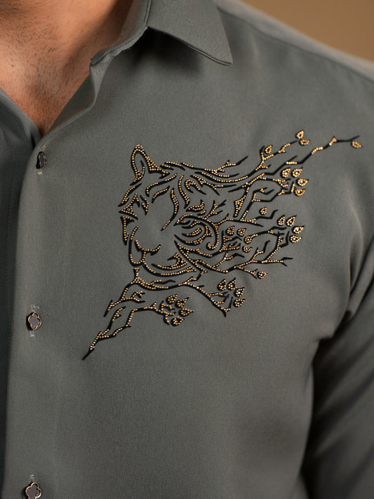 Tiger Crest Grey Work Designer Shirt