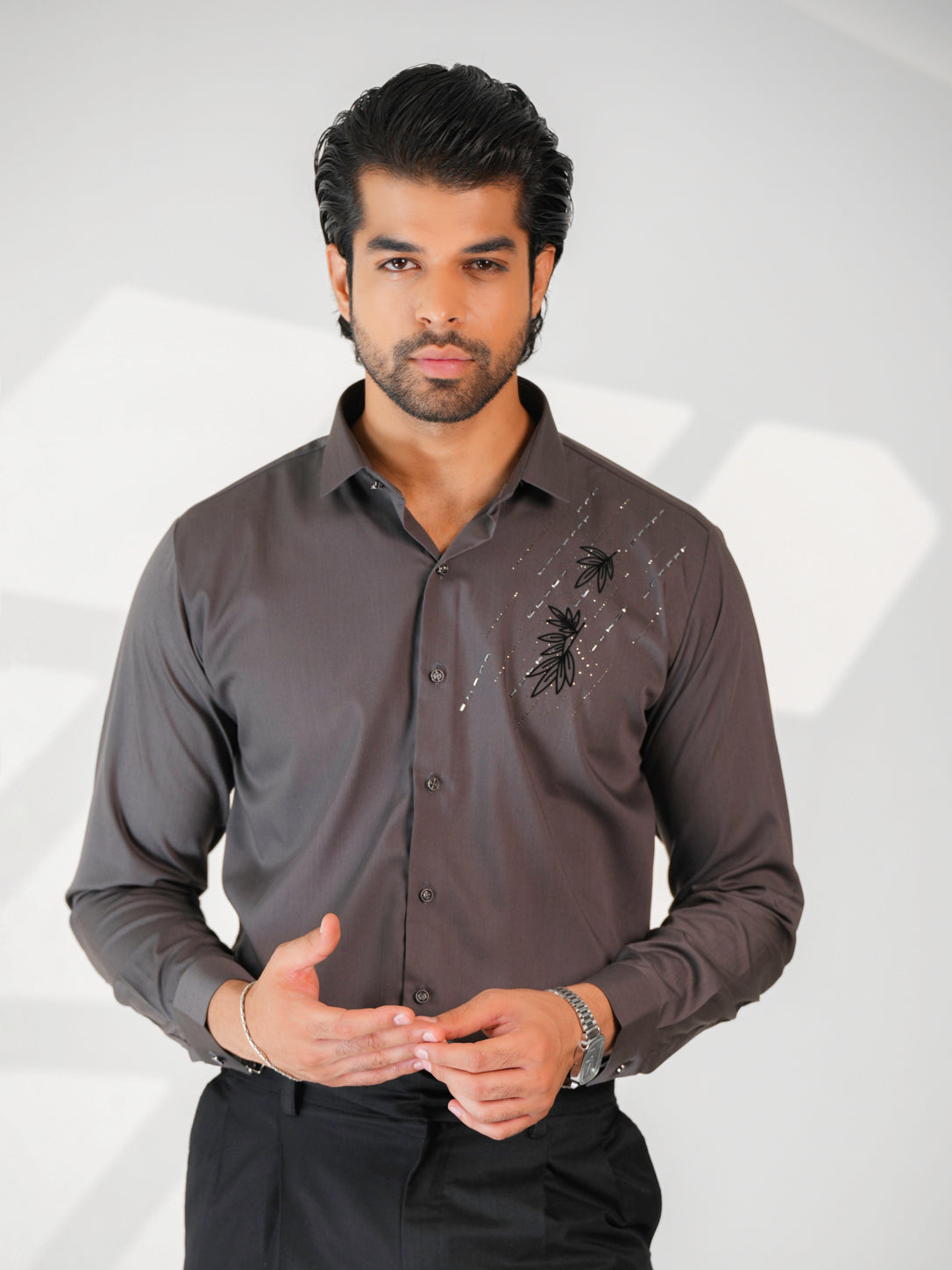 Charcoal Grey Floral Party Wear Shirt