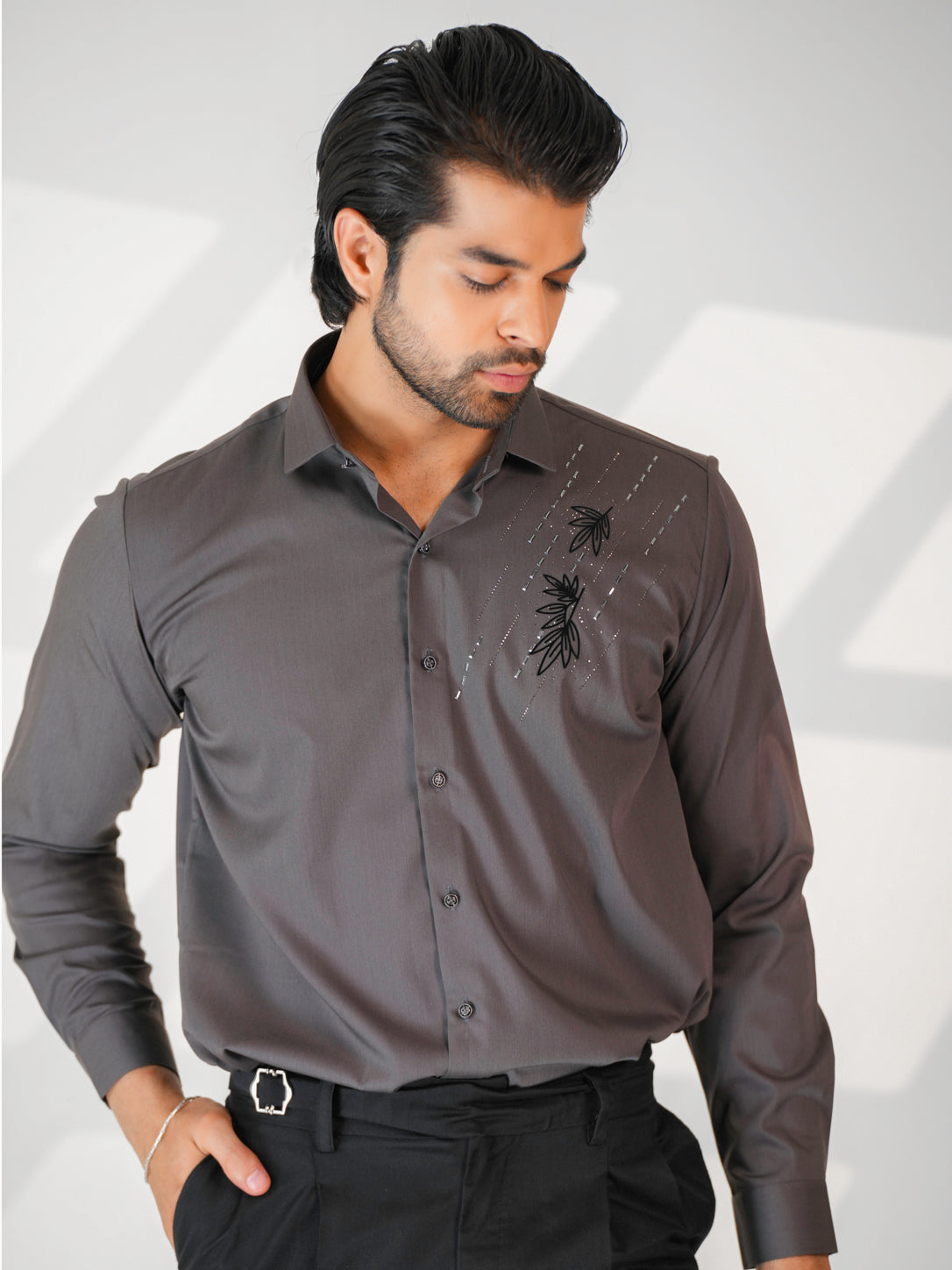 Charcoal Grey Floral Party Wear Shirt
