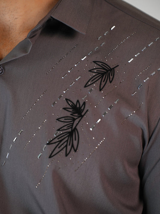 Charcoal Grey Floral Party Wear Shirt