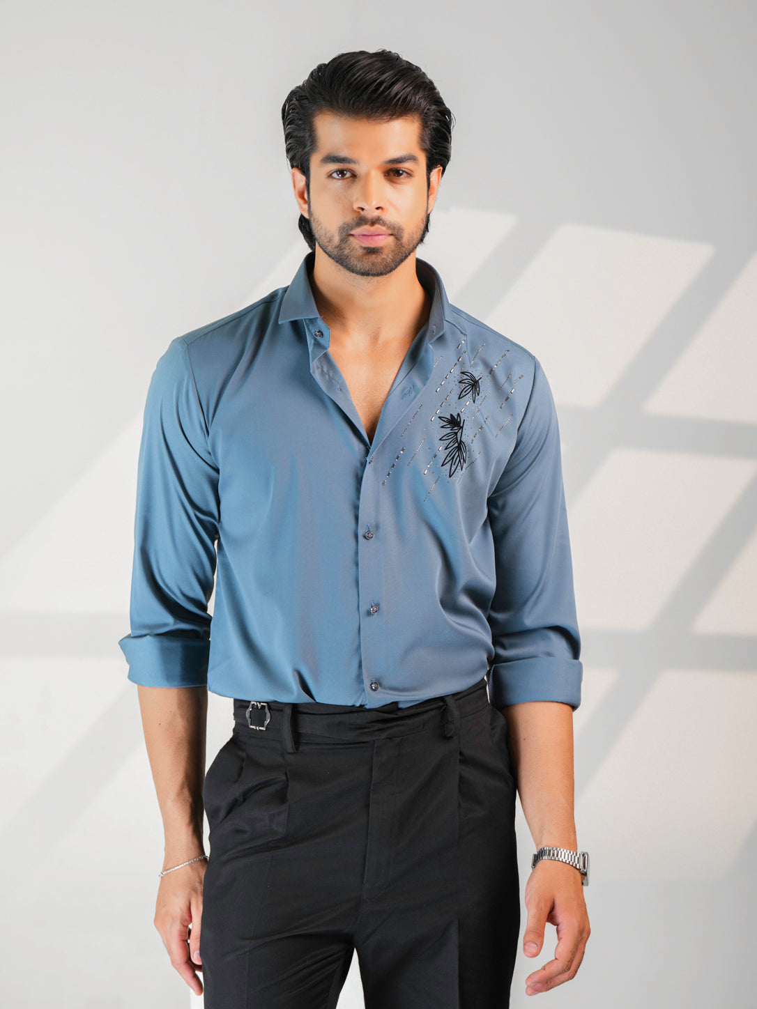 Teal Blue Floral Party Wear Shirt