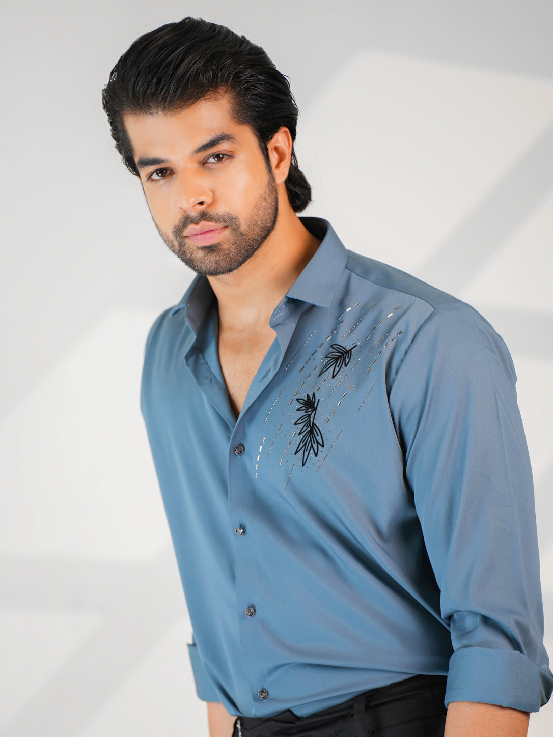 Teal Blue Floral Party Wear Shirt