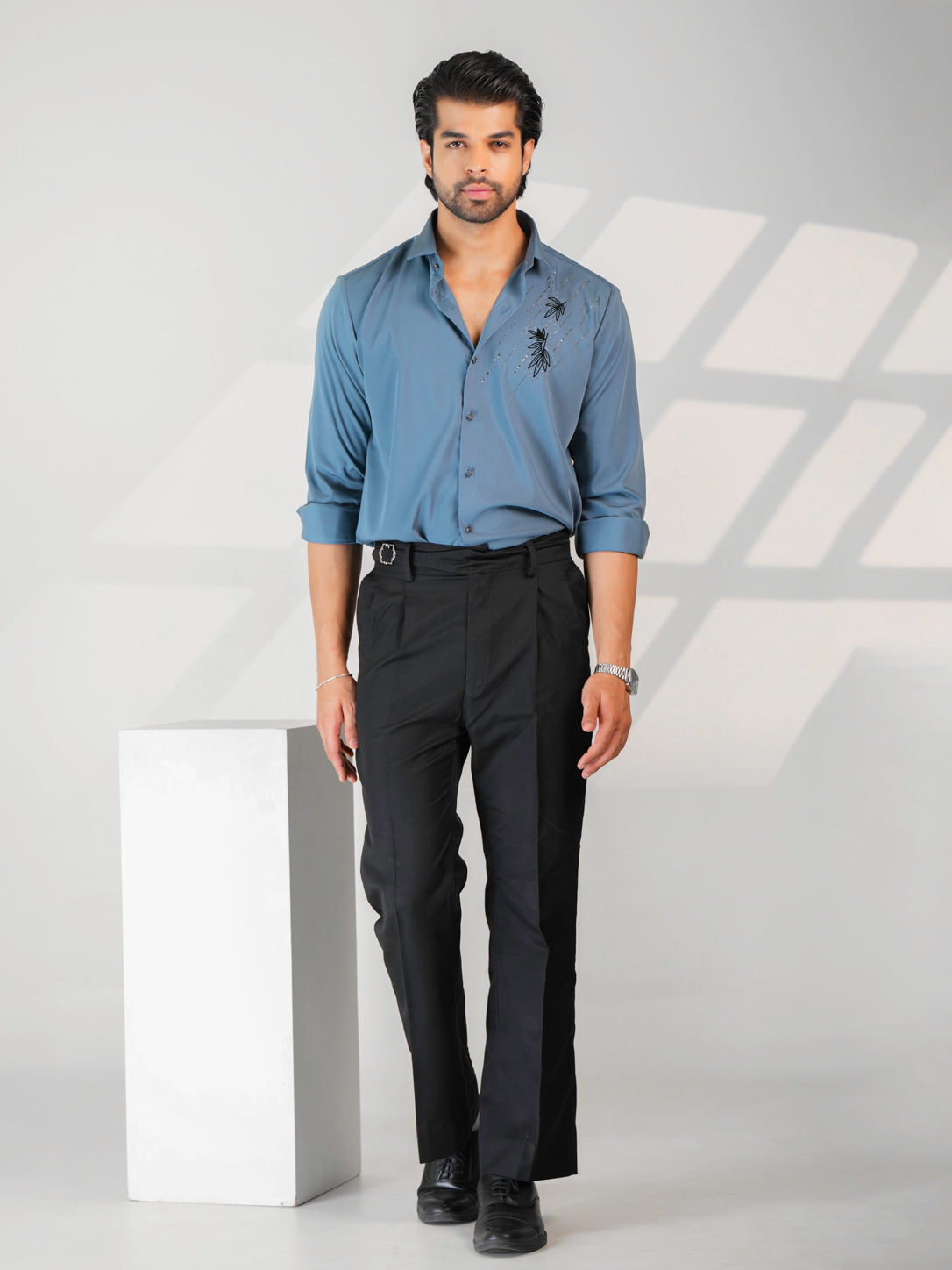 Teal Blue Floral Party Wear Shirt