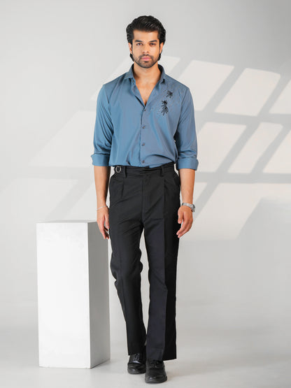 Teal Blue Floral Party Wear Shirt