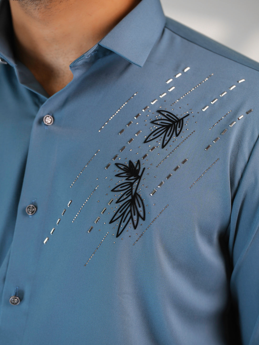 Teal Blue Floral Party Wear Shirt