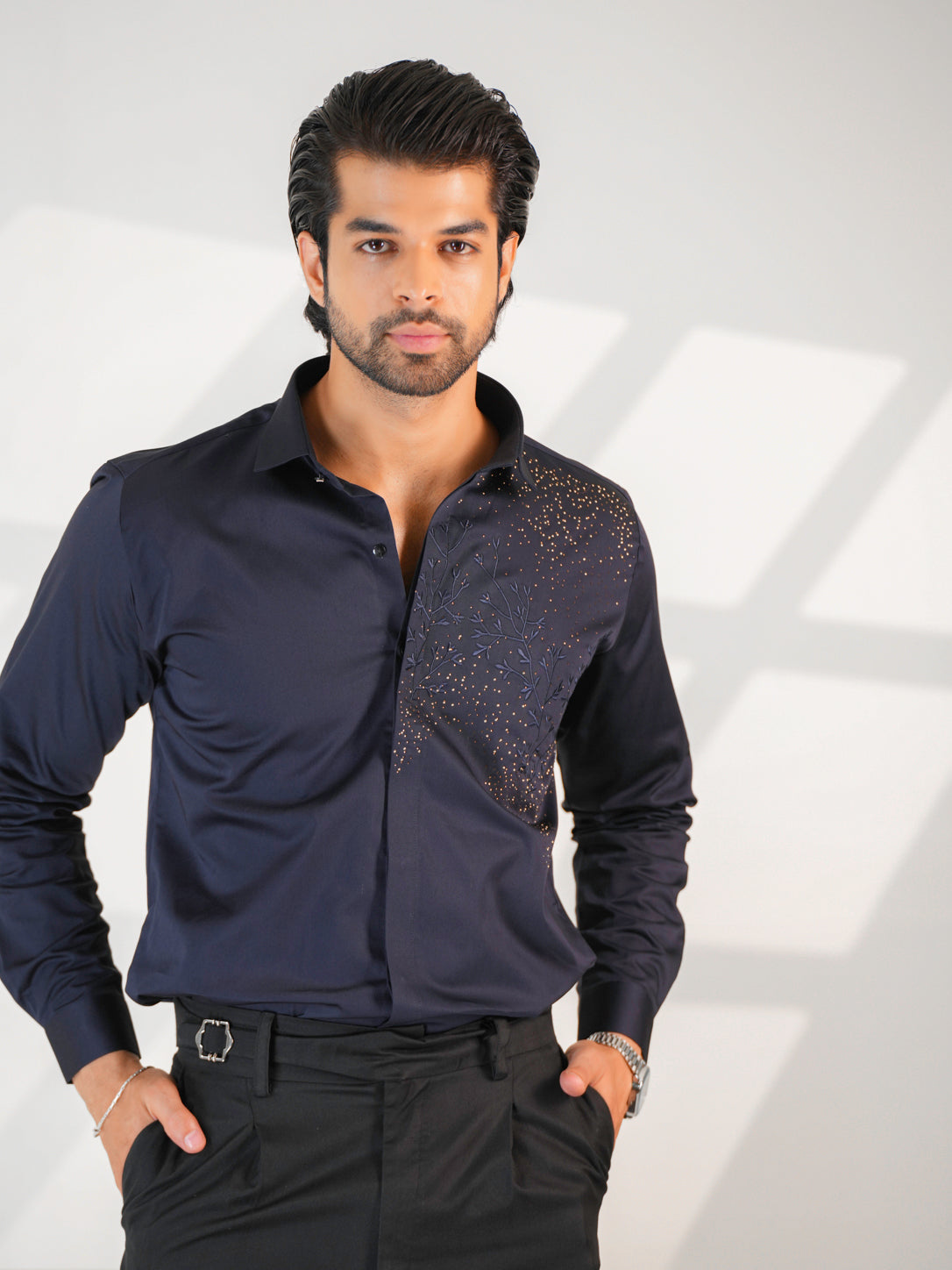 Noir Grid Navy Blue Premium Shirt
