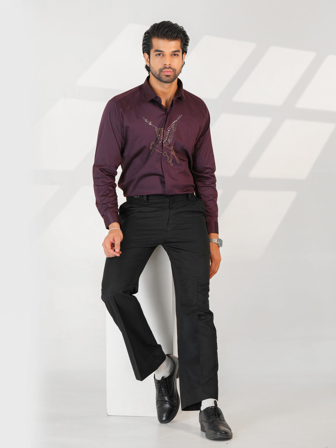 Midnight Horse Embellished Maroon Premium Formal Shirt