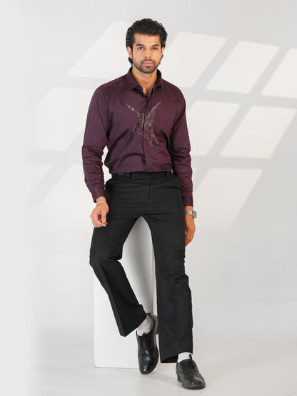 Midnight Horse Embellished Maroon Premium Formal Shirt