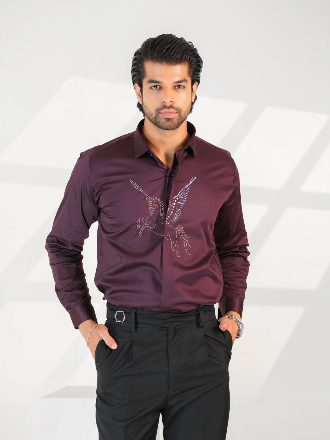 Midnight Horse Embellished Maroon Premium Formal Shirt
