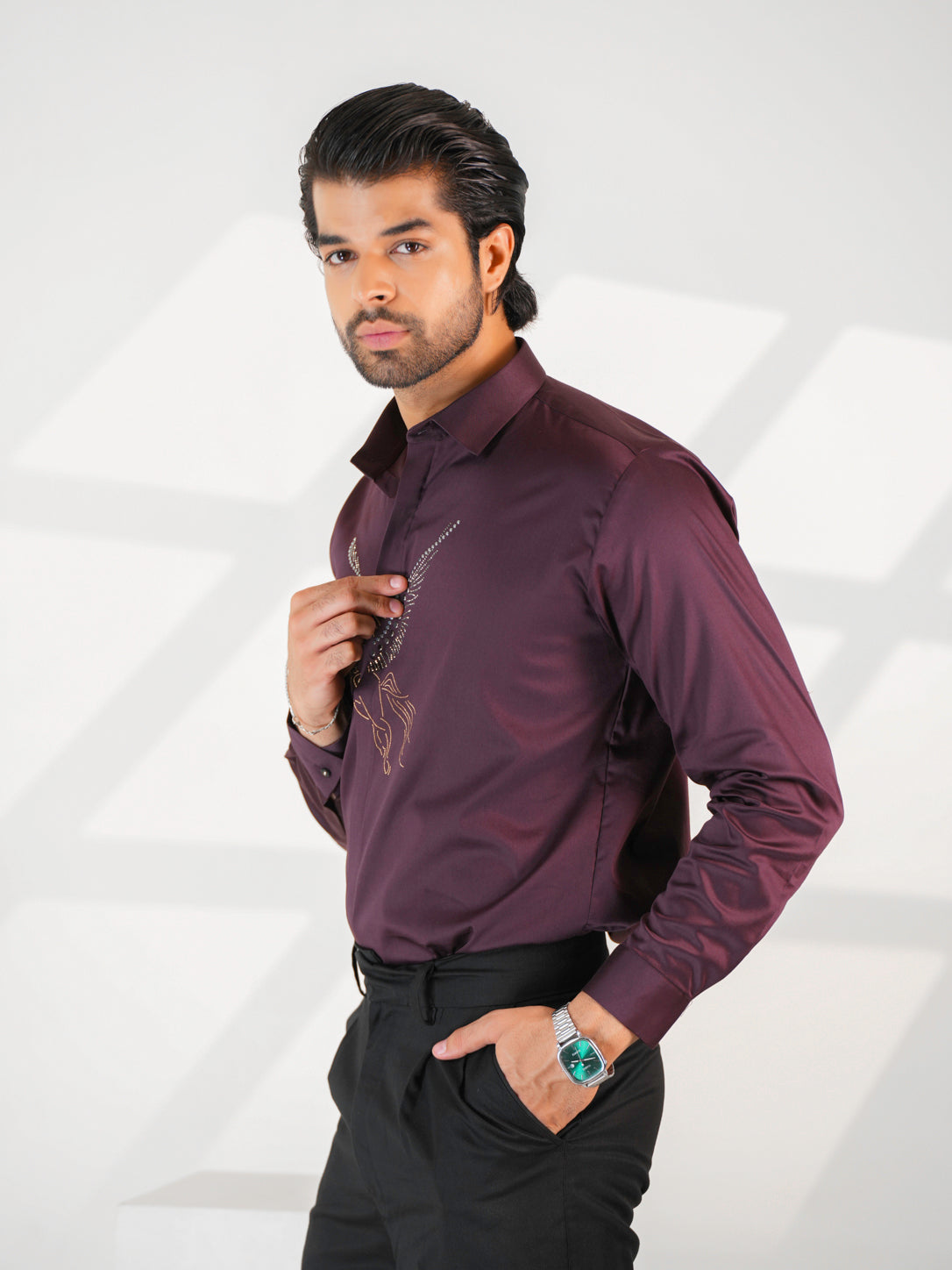 Midnight Horse Embellished Maroon Premium Formal Shirt