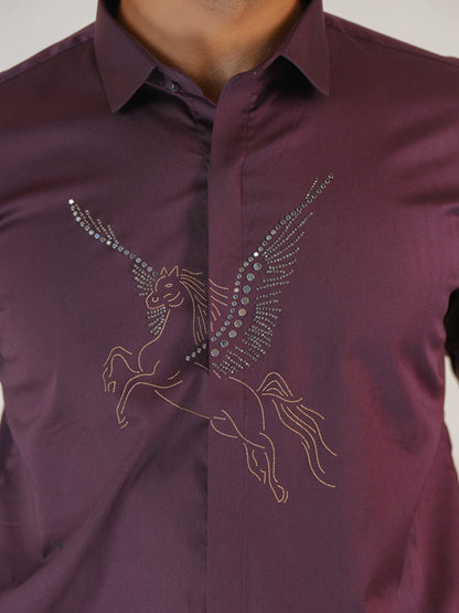 Midnight Horse Embellished Maroon Premium Formal Shirt