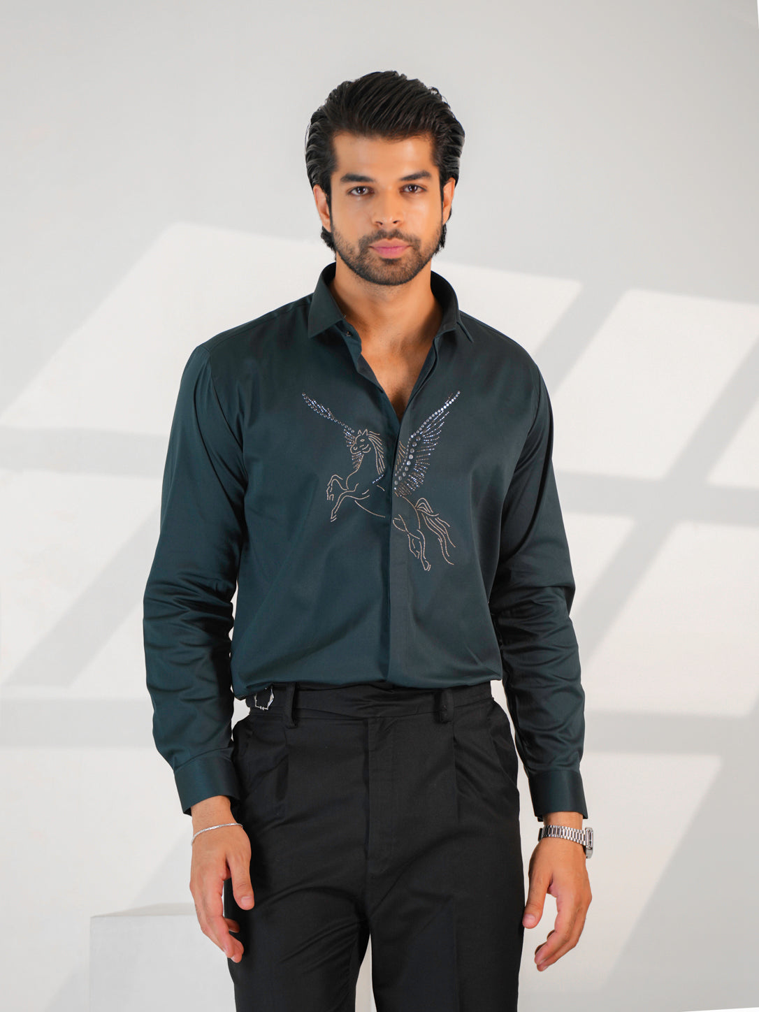 Midnight Horse Embellished Duskgrey Premium Formal Shirt