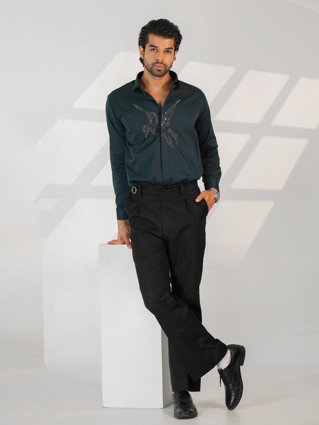 Midnight Horse Embellished Duskgrey Premium Formal Shirt