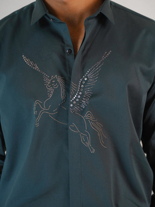 Midnight Horse Embellished Duskgrey Premium Formal Shirt