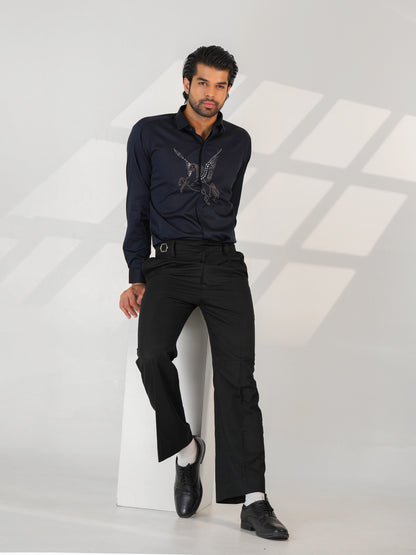Midnight Horse Embellished Blue Premium Formal Shirt