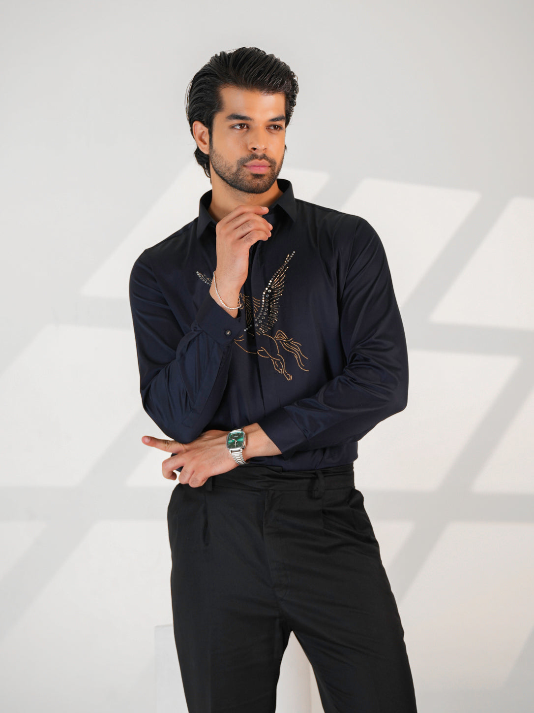 Midnight Horse Embellished Blue Premium Formal Shirt