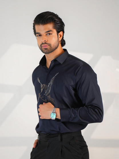 Midnight Horse Embellished Blue Premium Formal Shirt