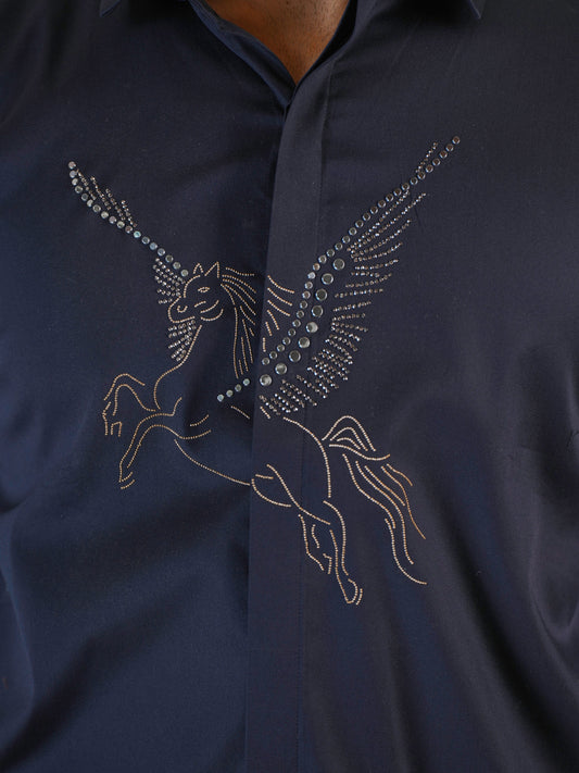 Midnight Horse Embellished Blue Premium Formal Shirt