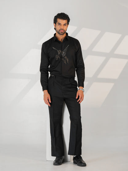 Midnight Horse Embellished Black Premium Formal Shirt