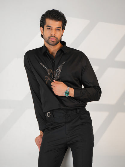 Midnight Horse Embellished Black Premium Formal Shirt